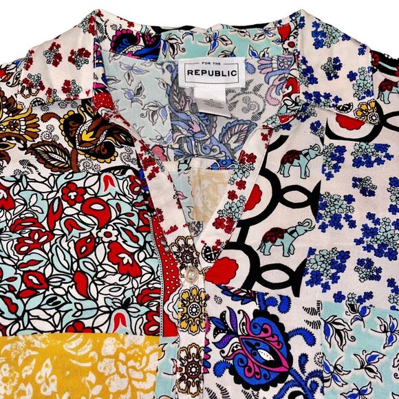 Tunic Boho Blouse Elephants Patchwork Flounce Hem - Picture 5 of 8